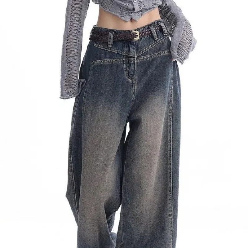 Y2k American High Street Retro Do Old Wide Leg Jeans Women Fall 2024 New Mid-High Waist Casual Fashion Thin Mopping Pants Trend