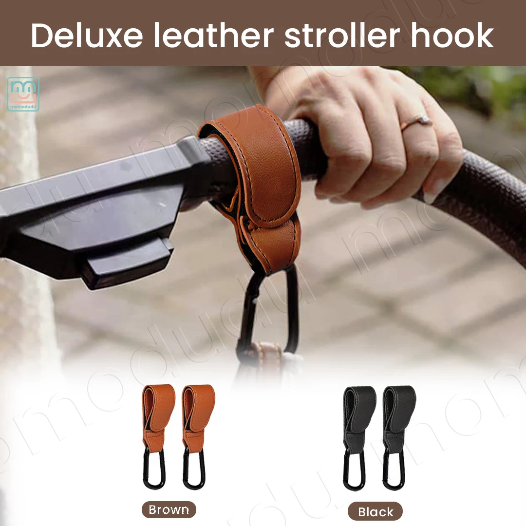 2-Pack PU Leather Stroller Hooks, Adjustable Pram Hook Children Travel Accessories for Organizing Bags on Strollers & Carts