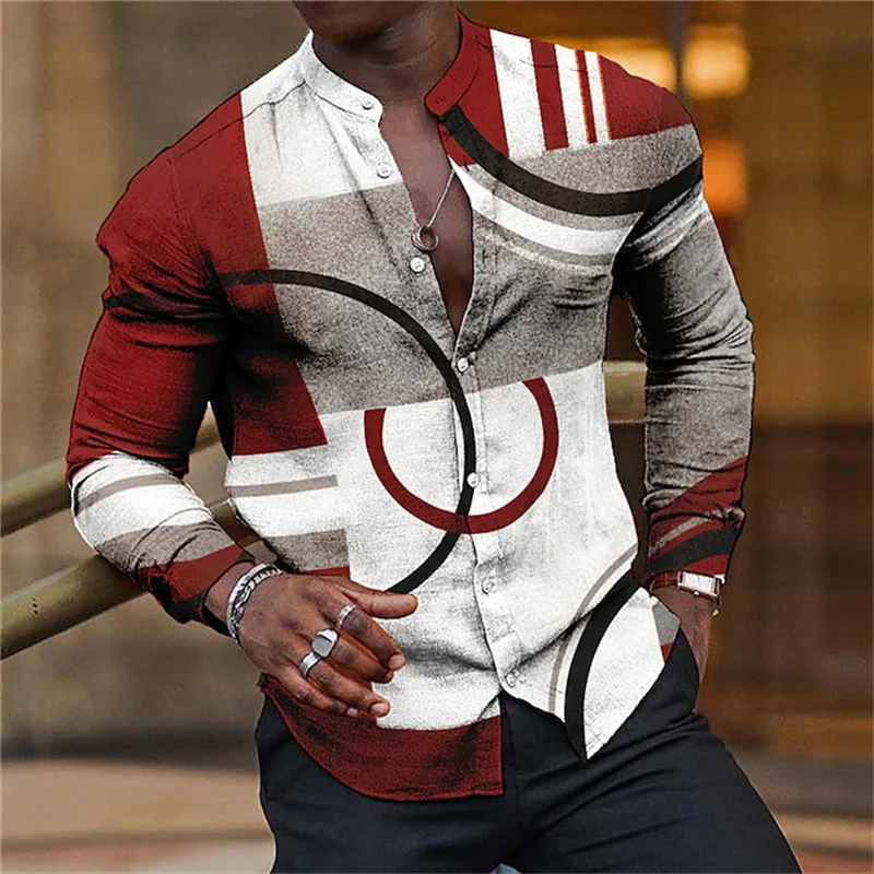 

2023 Impression on the shirt graphics of men's shirts Geometric figures Stand-up Ruby Chi Pan's gray-white long-sleeved shirt