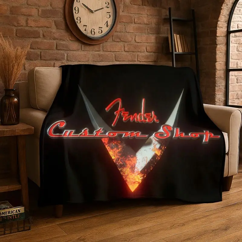 HD Retro Fender Logo Guitar Instruments Music Flannel Blanket Soft Warm Throw Blanket for Bedroom Living Room Bed Travel Picnic