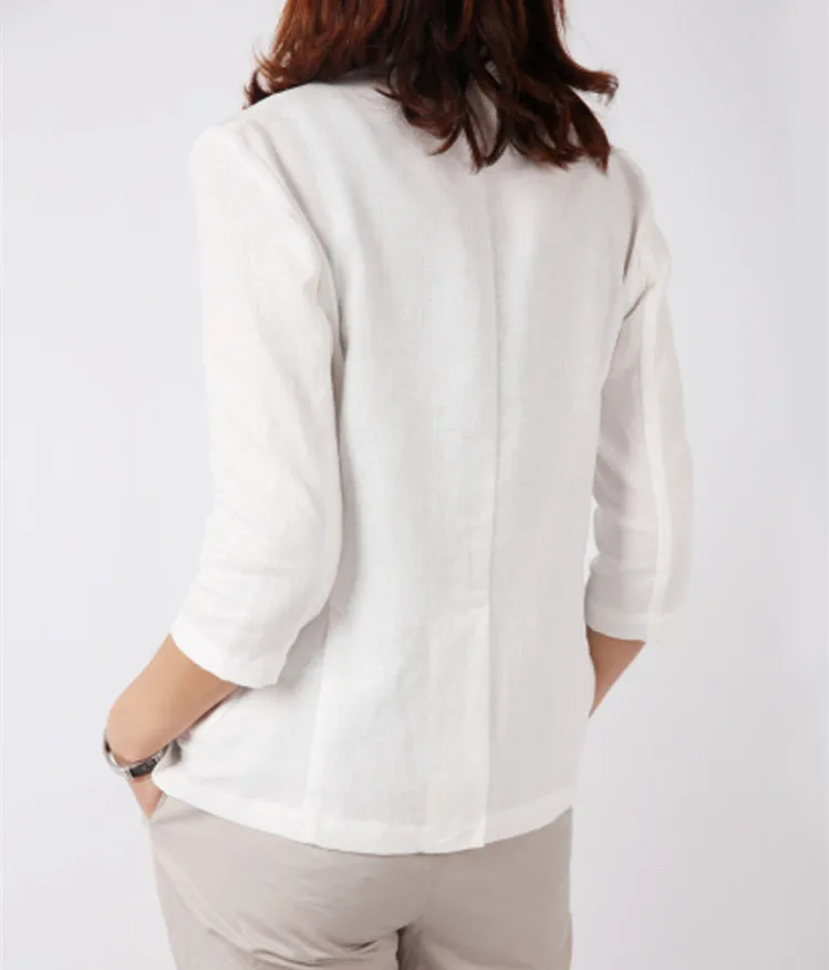 Plus Size White Cotton and Linen Jacket Women blazers Femme Summer Short Slim Three Quarter Sleeve Leisure Coat Office Ladies