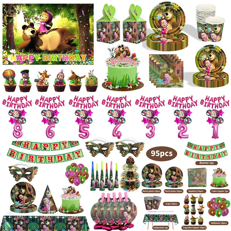Artículos para Fiesta de Cumpleaños de Masha y los Osos: Set de Vajilla, Pancarta, Vasos, Platos, Servilletas, Mantel, Globos y Recuerdos