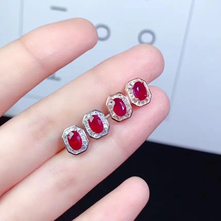New Design Silver Ruby Stud Earrings for Daily Wear 4mm*6mm  Ruby Earrings Solid 925 Silver Natural Ruby Jewelry Woman Gift