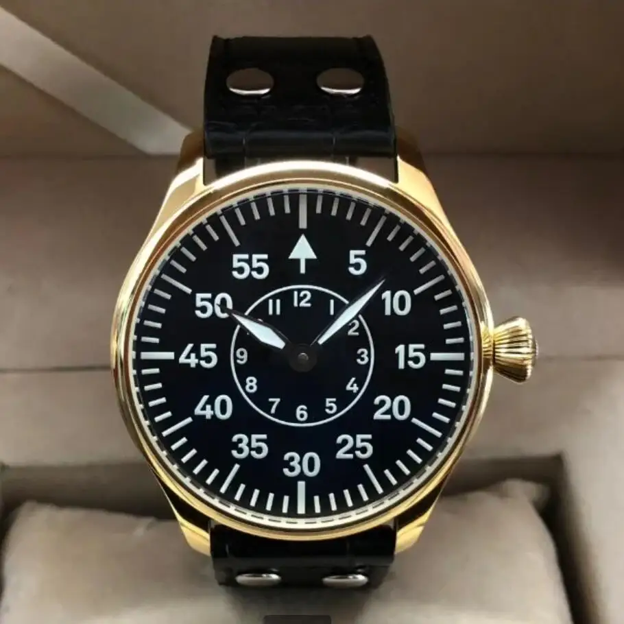 

44mm No Logo Two Hands Asian 6497 Mechanical Movement PVD Golden Case Luminous Pilot Men's Watch GR0128-24