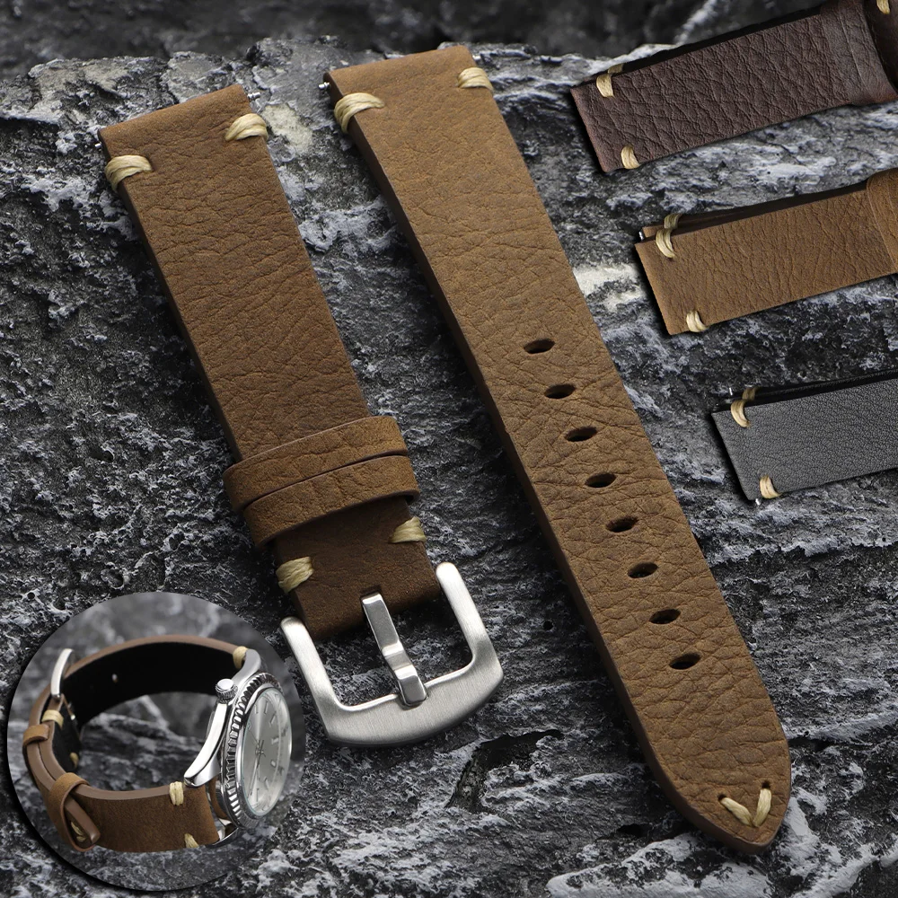 

20mm 22mm Premium Genuine Leather Watch Band for Panerai for Omega Bracelet Stitching Vintage Brown Cowhide Universal Men Strap