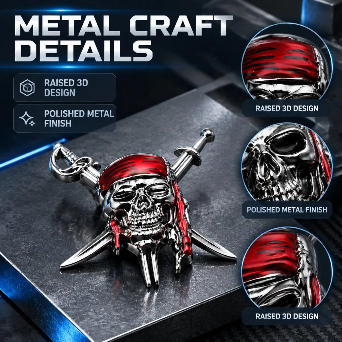 Caribbean Pirate Skull 3D Metal Emblem Badge for Car SUV Rear Trunk Side Decal