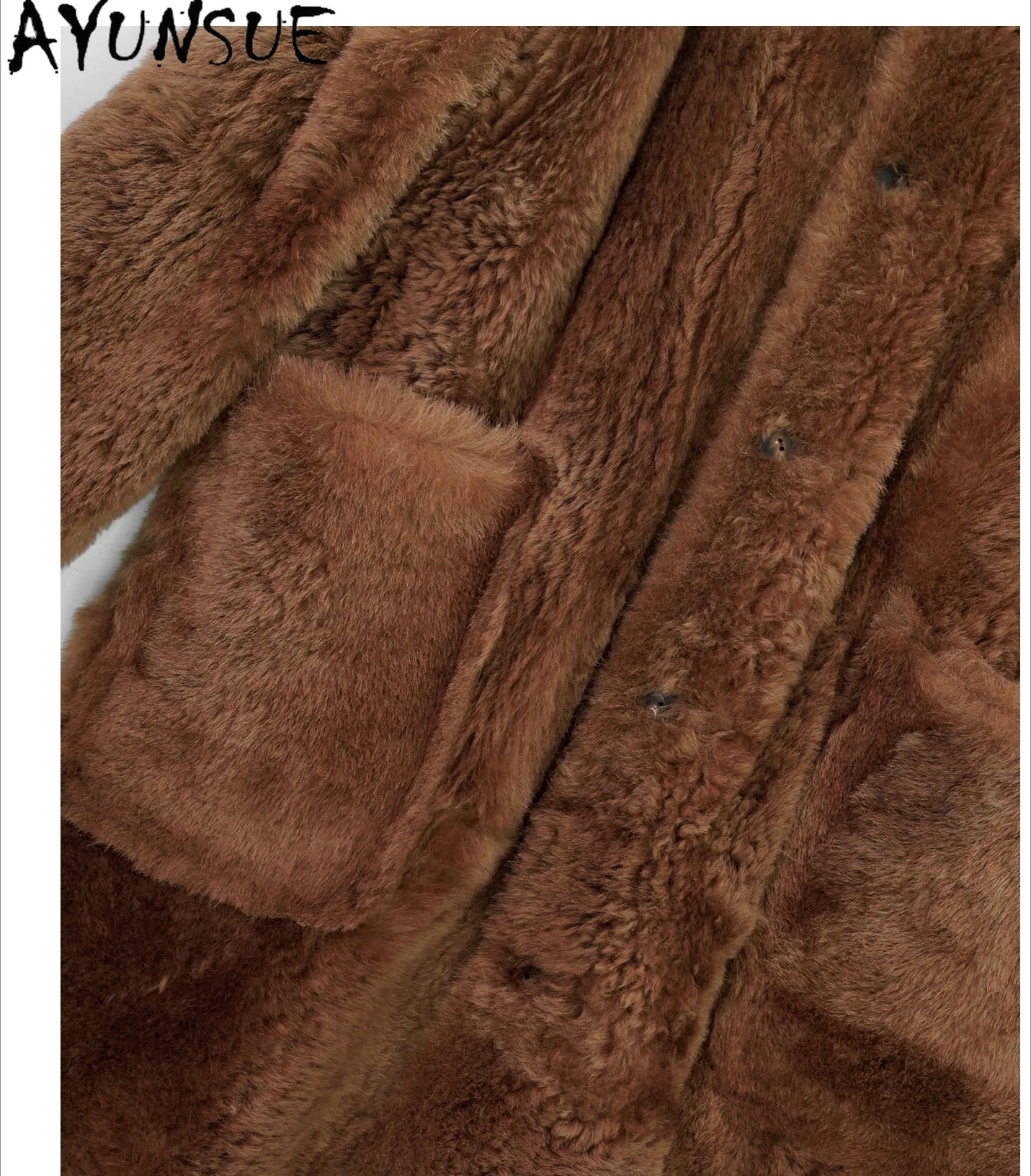 เสื้อโค้ทขนแกะเมอริโนแท้ AYUNSUE แจ็คเก็ตหนังแท้สำหรับผู้หญิง เสื้อผ้ากันหนาวสำหรับฤดูหนาว ทรงยาว สไตล์สตรีทแวร์ ปี 2025