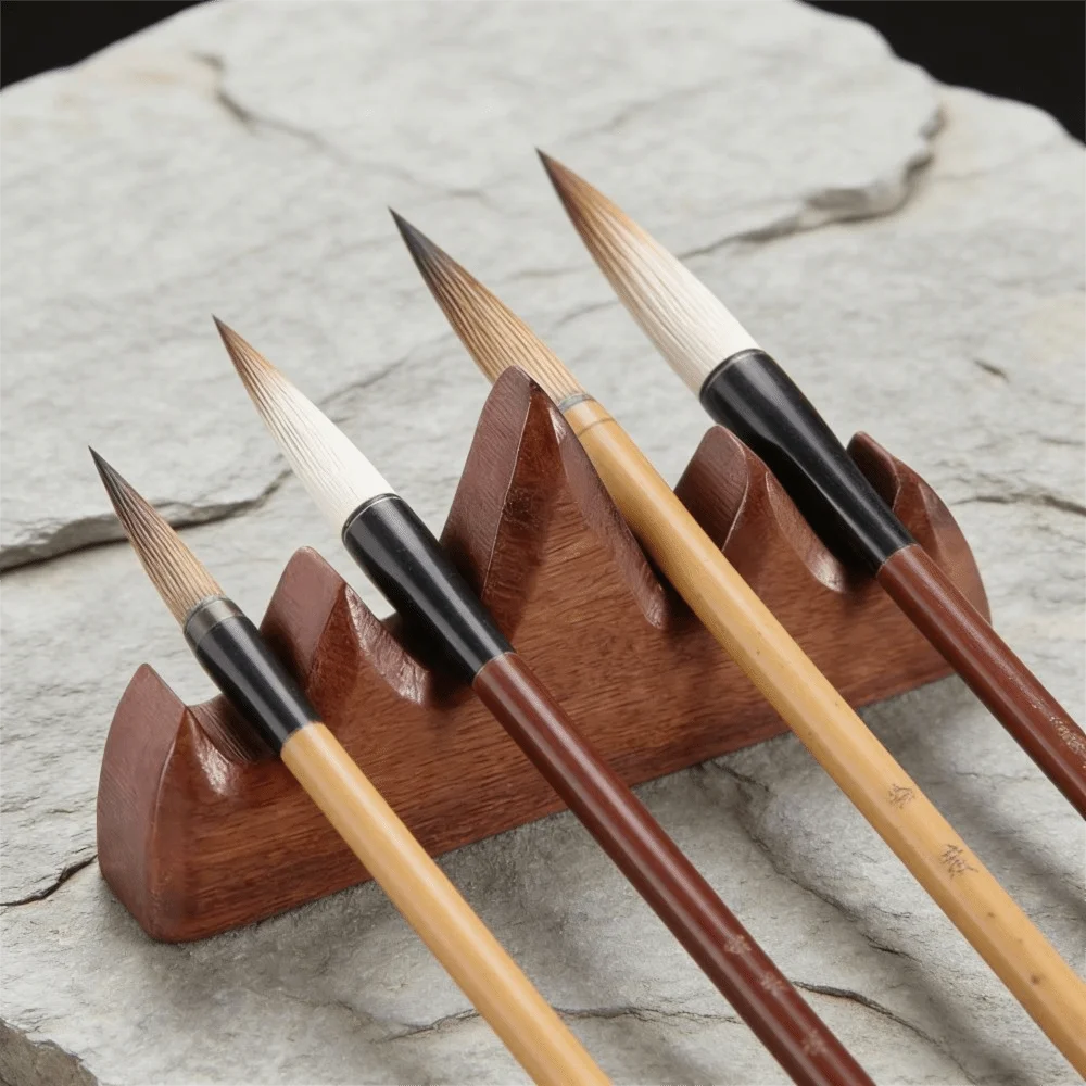 Chinese Style Solid Wood Pen Holder Handcrafted Red Wood Calligraphy Brush Rack Premium Brush Holder Home Use