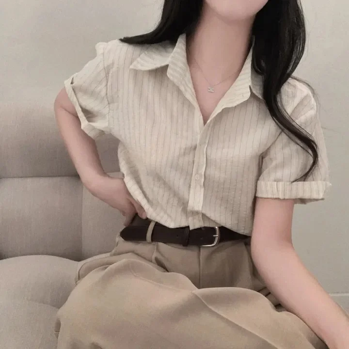 Summer Stripe Short Sleeve Shirt Women's Loose Fit Casual Versatile Style No Special Function Chinese Production
