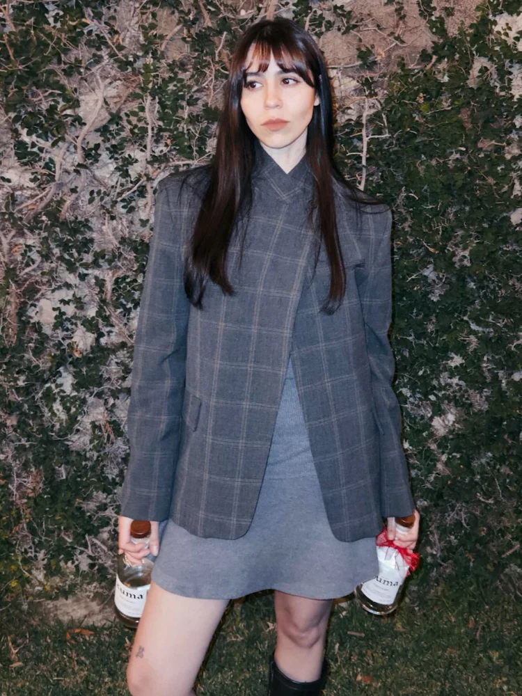 المرأة غير النظامية منقوشة سترة موضة الوقوف طوق كم كامل سبليت فضفاض معطف قصير 2025 الإناث اليومية تخفيف ملابس خارجية