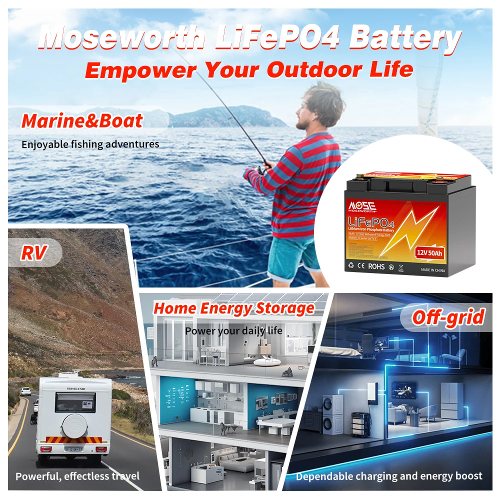 MOSEWORTH 12V 50Ah LiFePO4 Batteria 50A BMS 640W Batteria ricaricabile al litio ferro fosfato Ciclo profondo Protezione a bassa temperatura