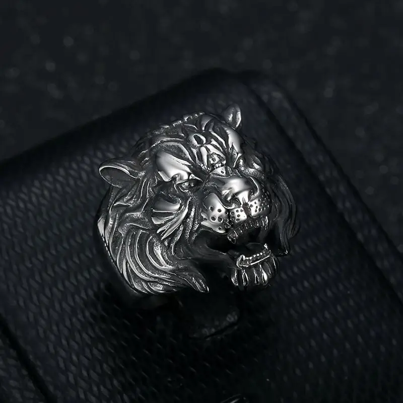 Megin D Stainless Steel Titanium Animal Tigers Head Punk Rings for Men Women Couple Friends Gift Fashion Jewelry