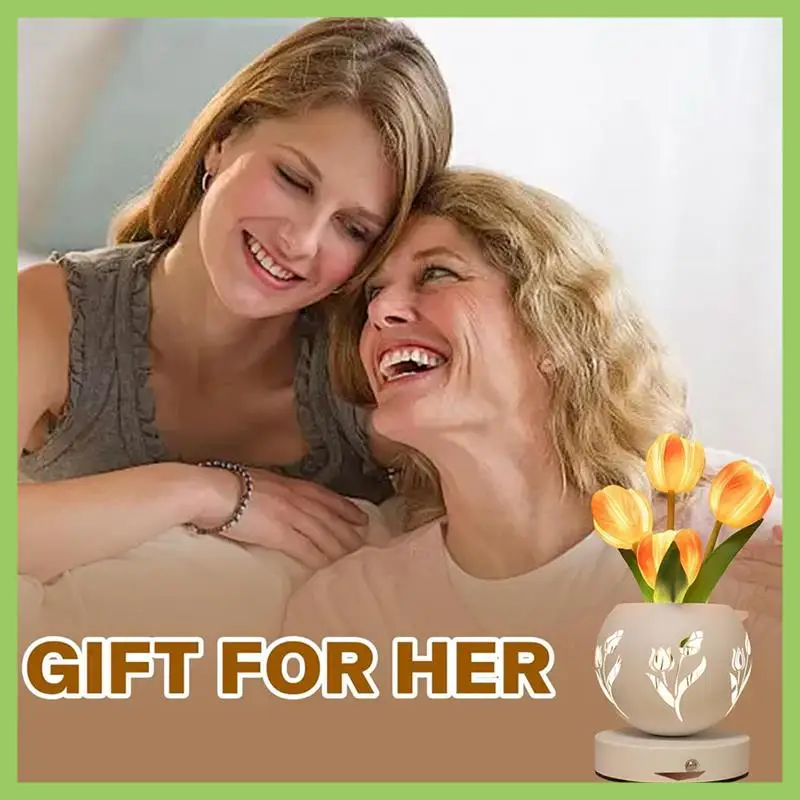 

ABJT-Tulip Night Light Artificial Flower Desk Lamp With Cut-Out Vase USB Charging 3 Color Stepless Dimming Up Cute Table Lamp