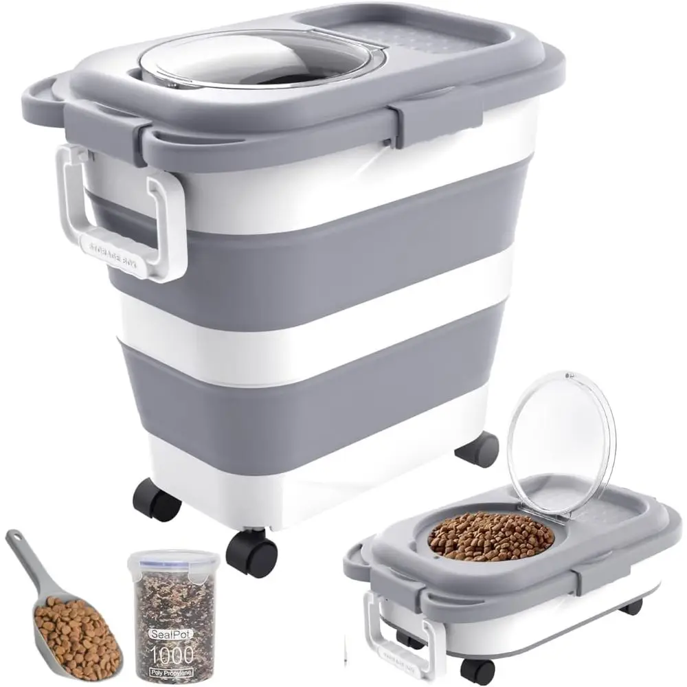 

Герметичный складной контейнер для корма для животных с колесами, ручкой и совком для собак и кошек