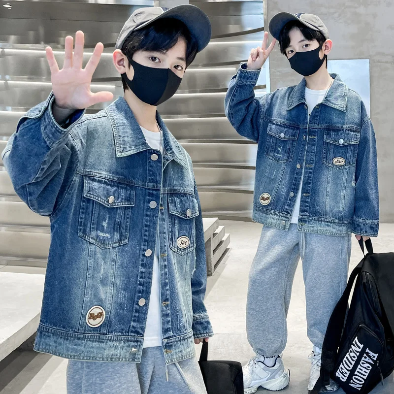 

Spring Autumn Baby Outerwear XY-276 2025 Kids Boys Jean Jacket Fashion Black Blue Letter Denim Coats Children Clothing