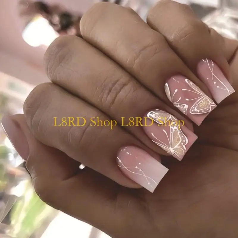 L8RD 24Pcs Butterfly Fake Glossy Press on False Tips Artificial