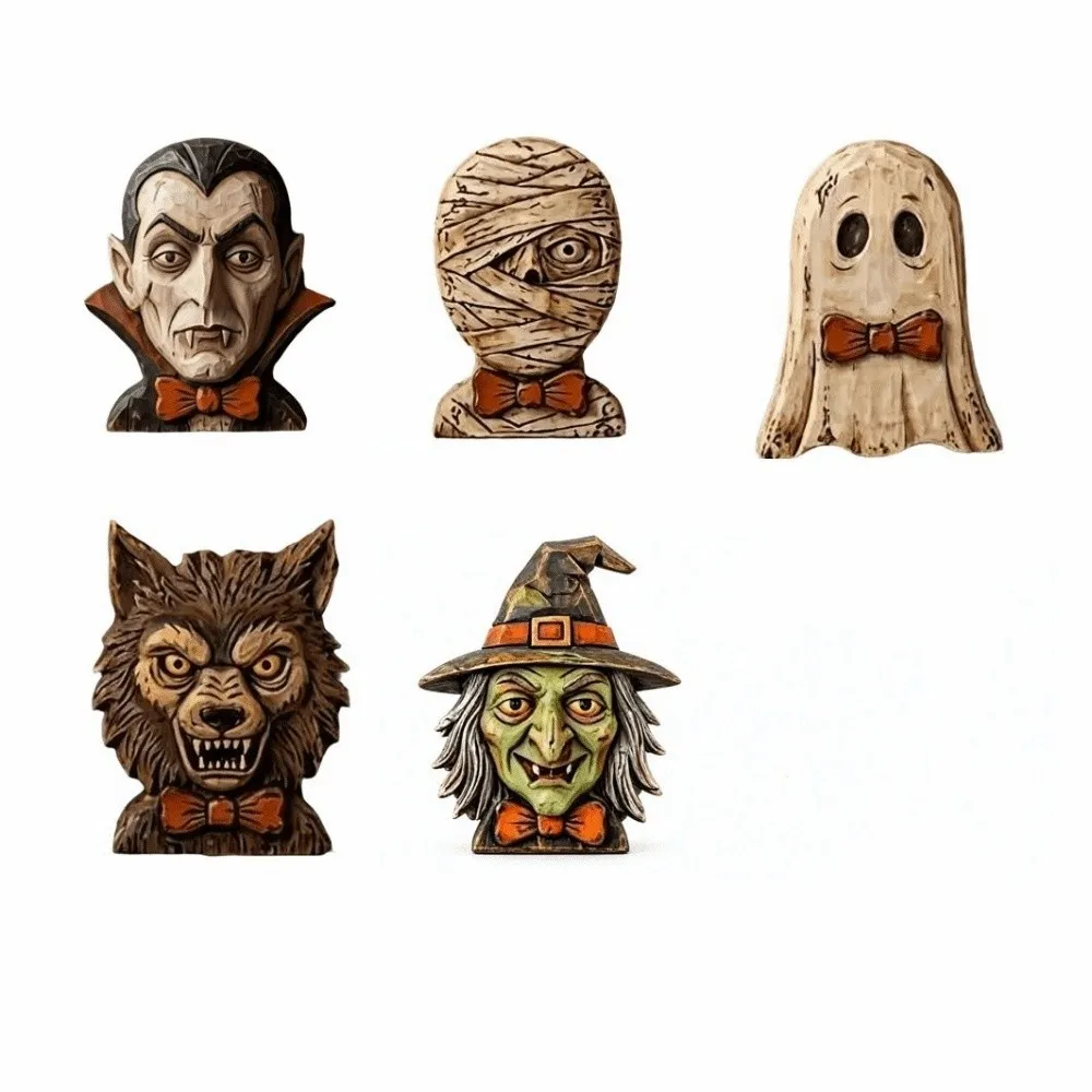Wooden Halloween Ornaments Wolf Spooky Ghost Figurine Blood Man 2D Printed Witch Statue Decoration Christmas