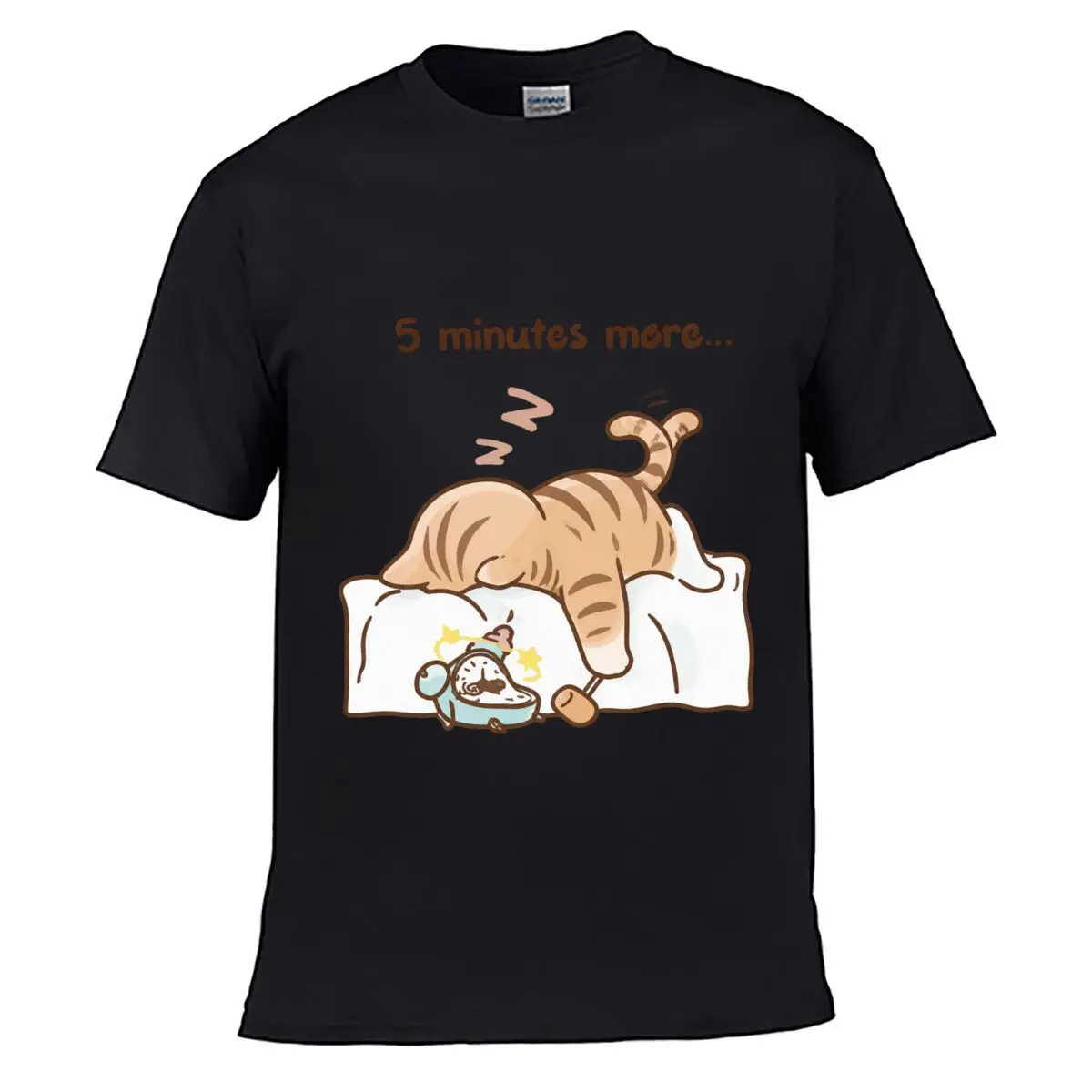 5 Minutes More Lazy Sleeping Cat Alarm Clock Humor Graphic Men Summer T-shirt Top
