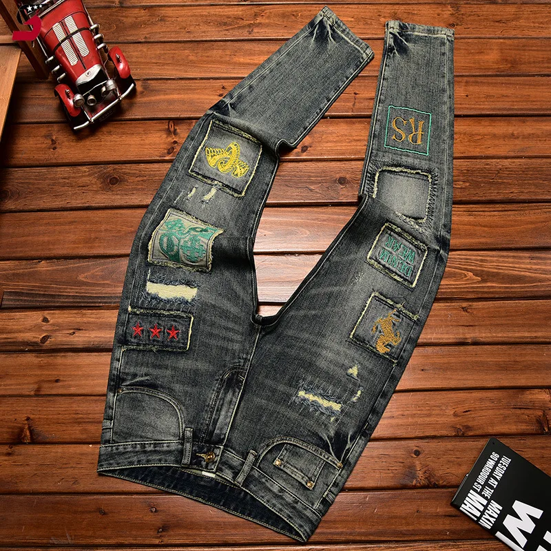 American High Street Jeans Men's Embroidered Stretch Scrape Hole & Patch Patch Slim-Fitting Ankle-Tied Autumn and Winter Pants