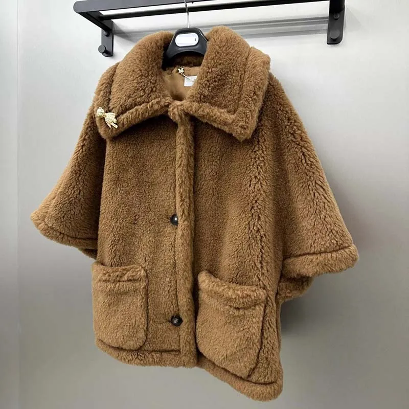 Winter Clothes Women 2024 New Fashion Short Length Teddy Bear Cape Style Sheep Wool Alpaca Silk Single Breasted