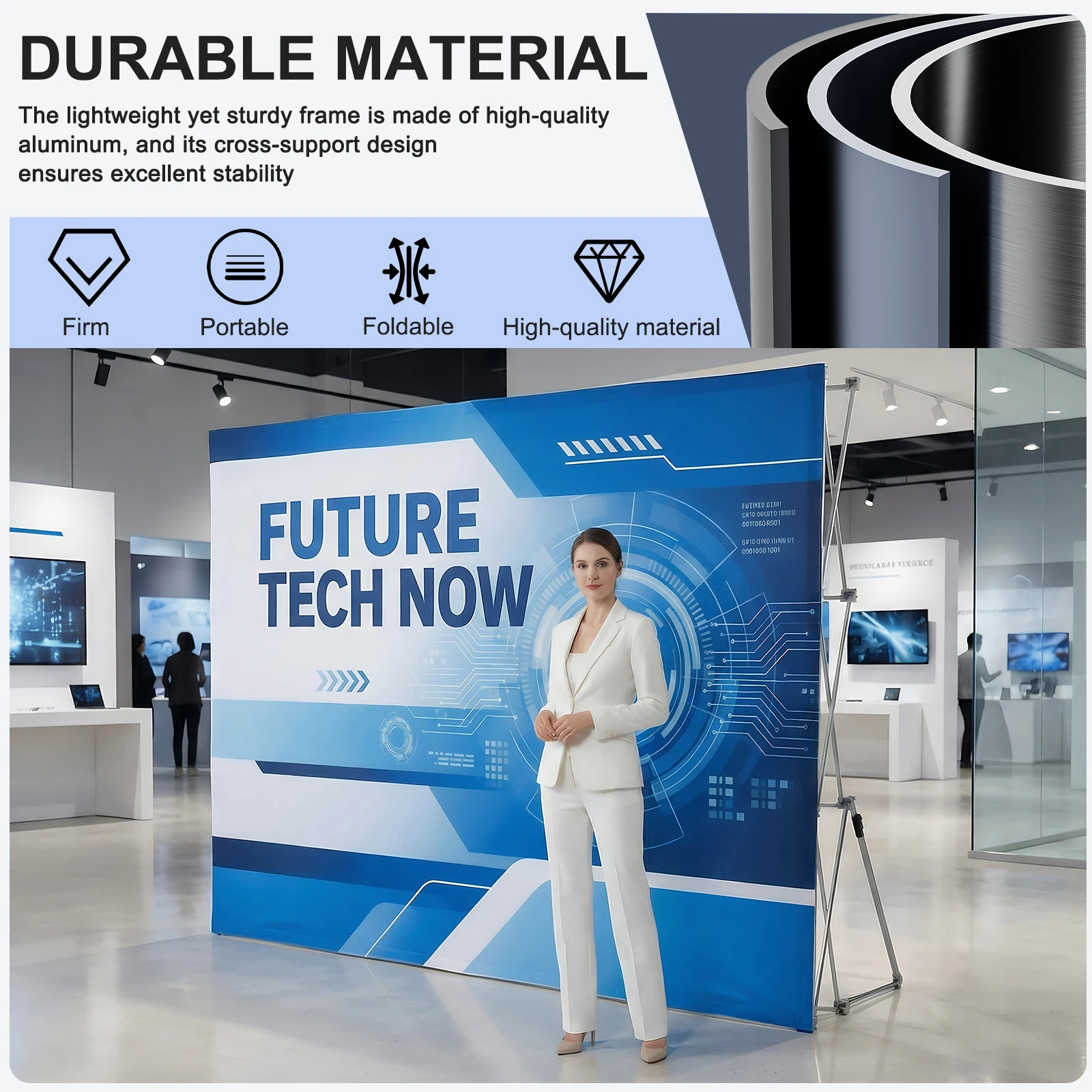 

Pop Up Display Stand with Storage Bag & Cable Ties Tension Fabric Collapsible Stand Reinforced Back Support Frame for Trade Show