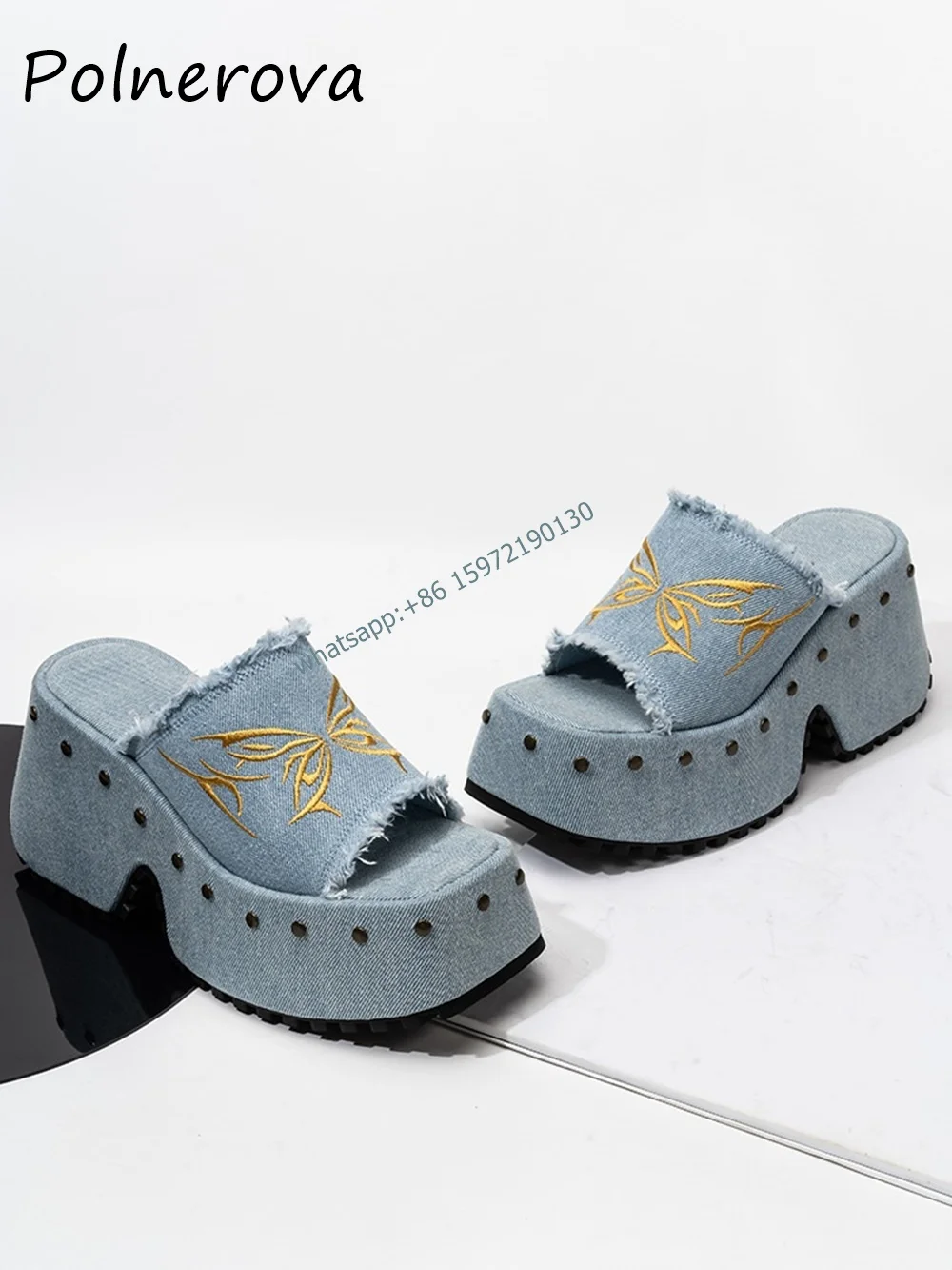 Butterfly Embroider Rivet Sandals Mixed Color Square Toe Thick Soled Slip On Slingback Shoes Platform Cool Outdoor Slippers