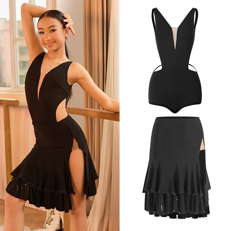 

Girls Latin Dance Dresses Sleeveless V Neck Bodysuit Tops Sequined Tassel Skirt ChaCha Dance Competition Clothing Practice Wear
