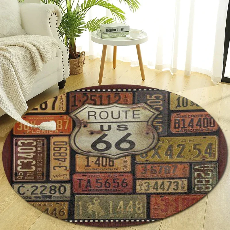 Retro Art Self-service License Plates For Route 66 Round Mat Non Slip Flannel Floor Rugs By Ho Me Lili