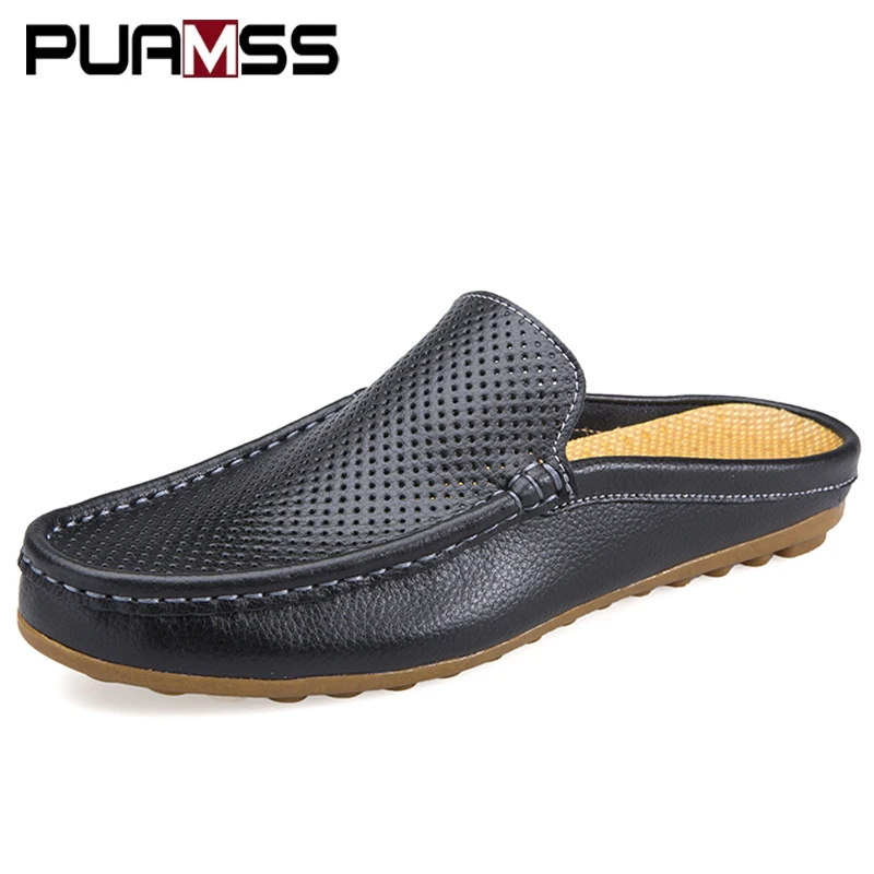 Italian Men Slippers Hollow Leather Loafers Moccasins Summer Outdoor Non-slip Black Men Casual Slides Trendy Driving Lazy Shoes