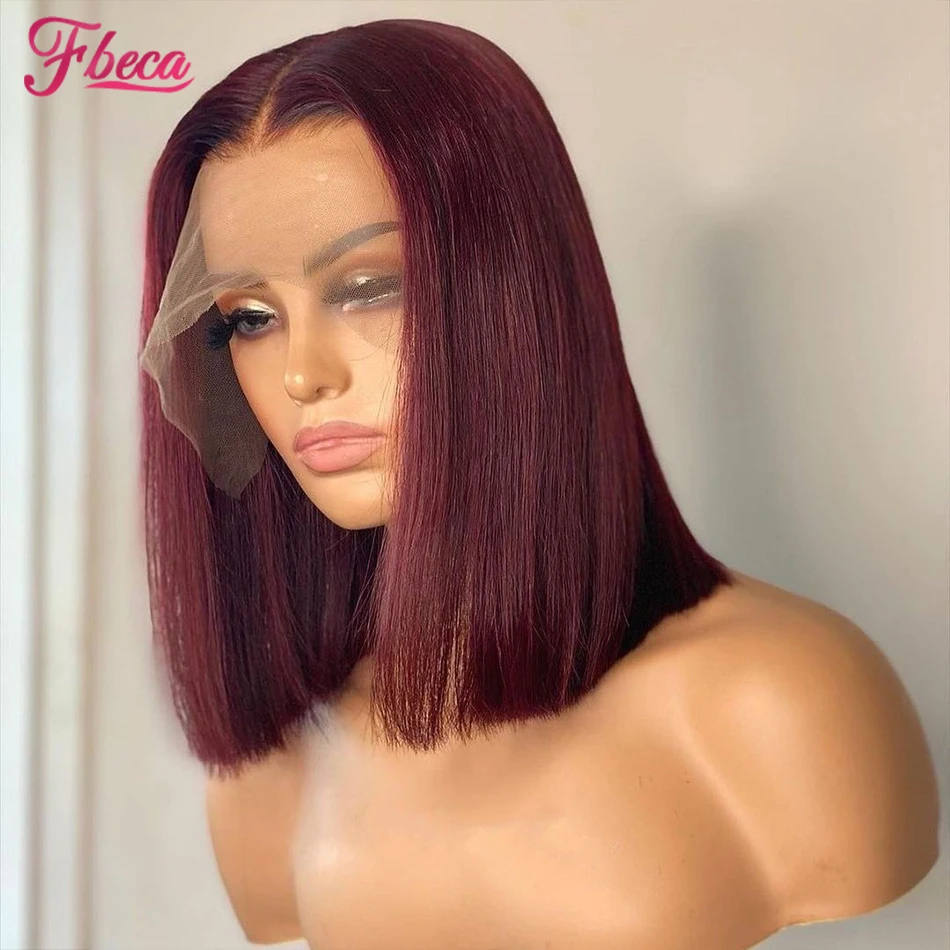 

13x4 Lace Frontal Bob Wig Human Hair 180% Density Burgundy Human Hair Wigs Pre Plucked Transparent Straight Lace Front Bob Wig