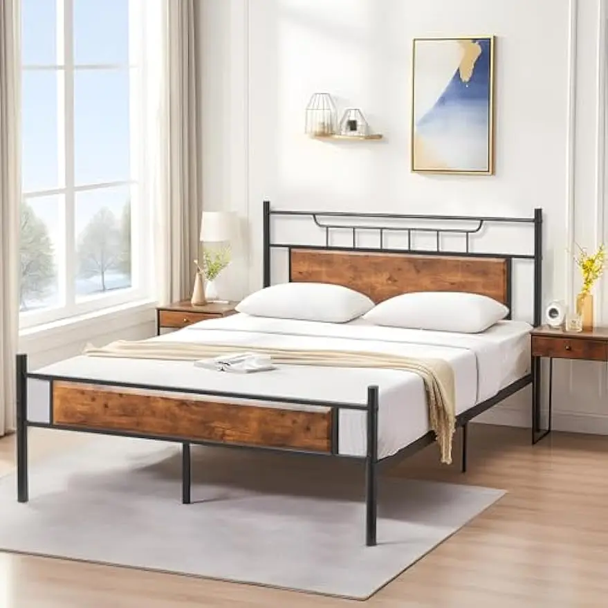 Wood Headboard Steel Slats Easy Assembly Brown Crown Platform Bed Frame - Full Size Mattress Foundation Support