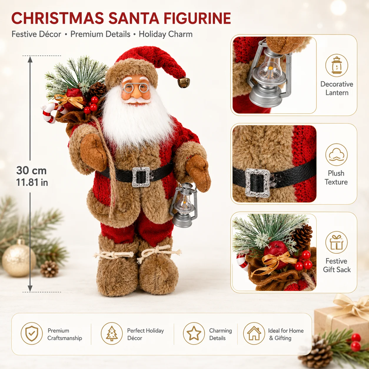 Christmas Santa Claus Figurine 30cm, Plush Santa Statue with Lantern Gift Sack Pinecone Decor, Holiday Tabletop Decoration