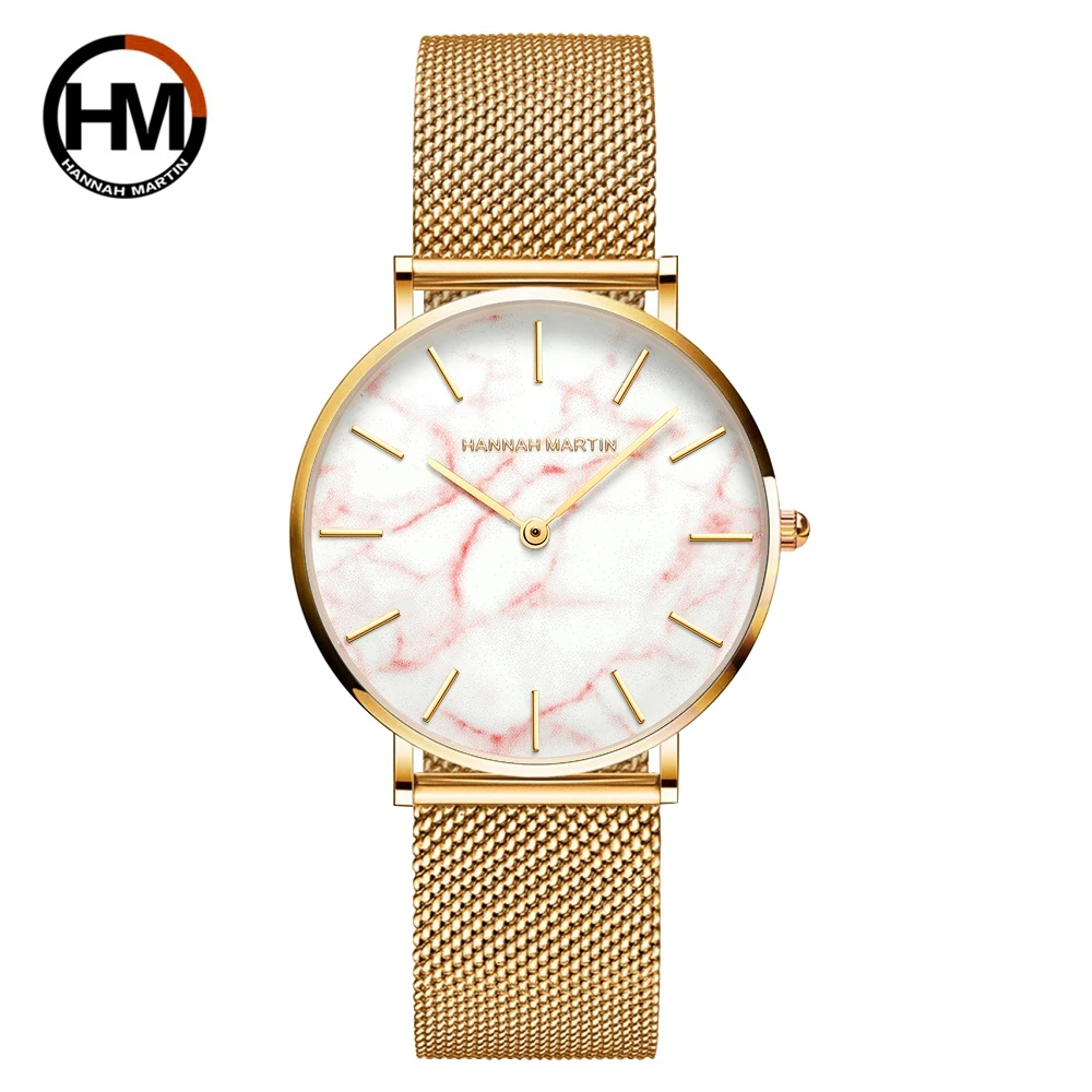 

HANNAH MARTIN Women Watch ST36 Simulated Marble Dial Japanese Quartz Movement Stainless Steel Mesh Belt 3Bar Waterproof Watches