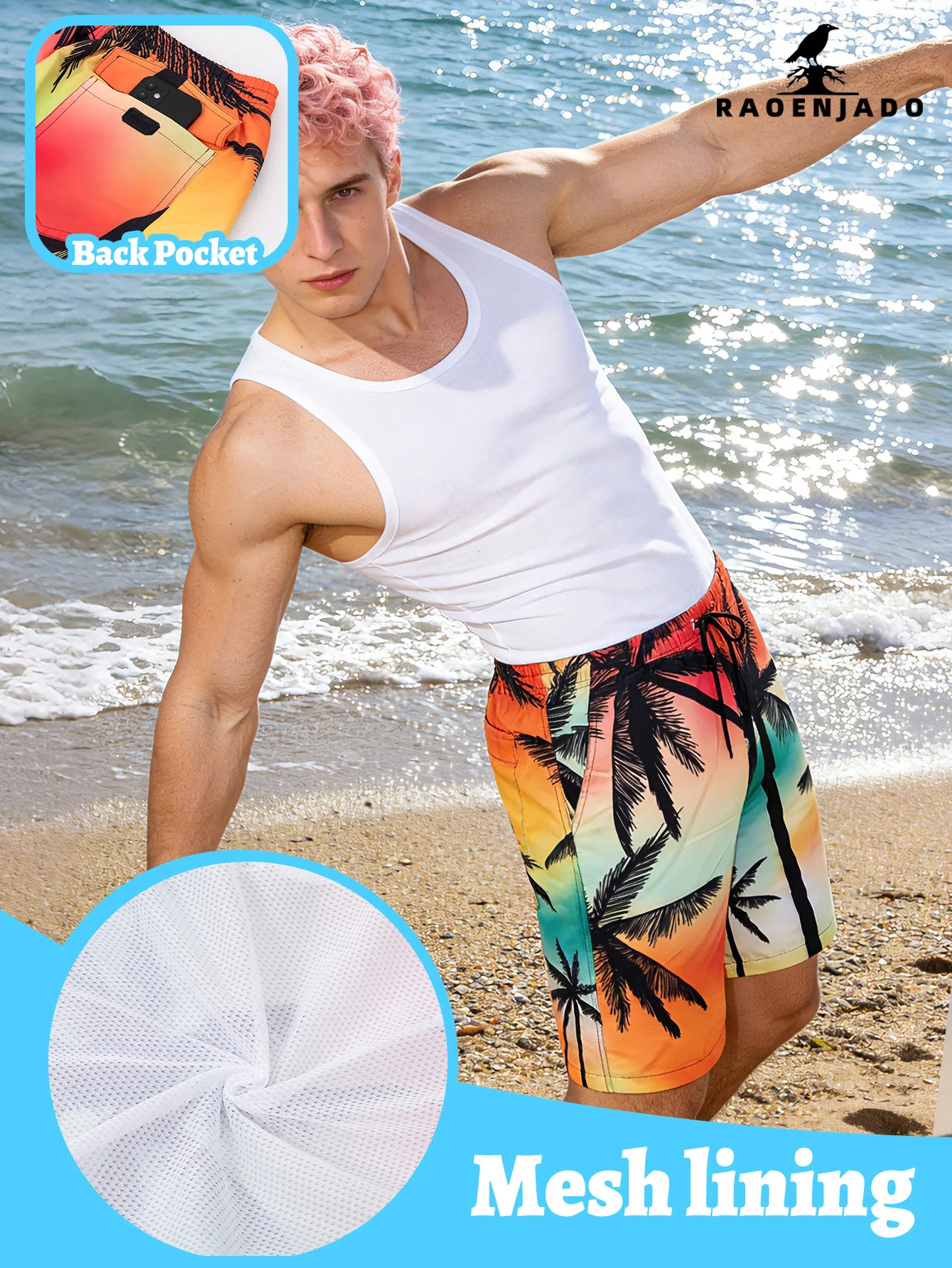 Men's Swim Trunks Hawaiian Bathing Mesh Lining Lightweight Shorts Swimsuits Beach Board Quick Dry Summer Shorts