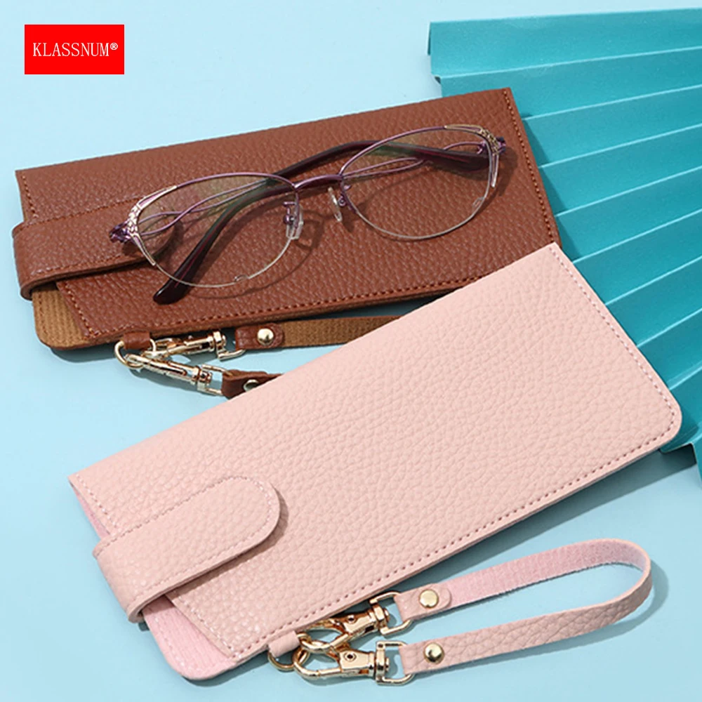 KLASSNUM Portable PU Leather Glasses Pouch with Detachable Clip Snap Closure Sunglasses Sleeve Cover Anti-lost Glasses Case