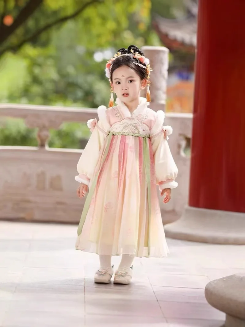 Flor dinastia estilo nacional vestido de princesa novo clássico menina crianças tang traje desempenho hanfu adicionar veludo