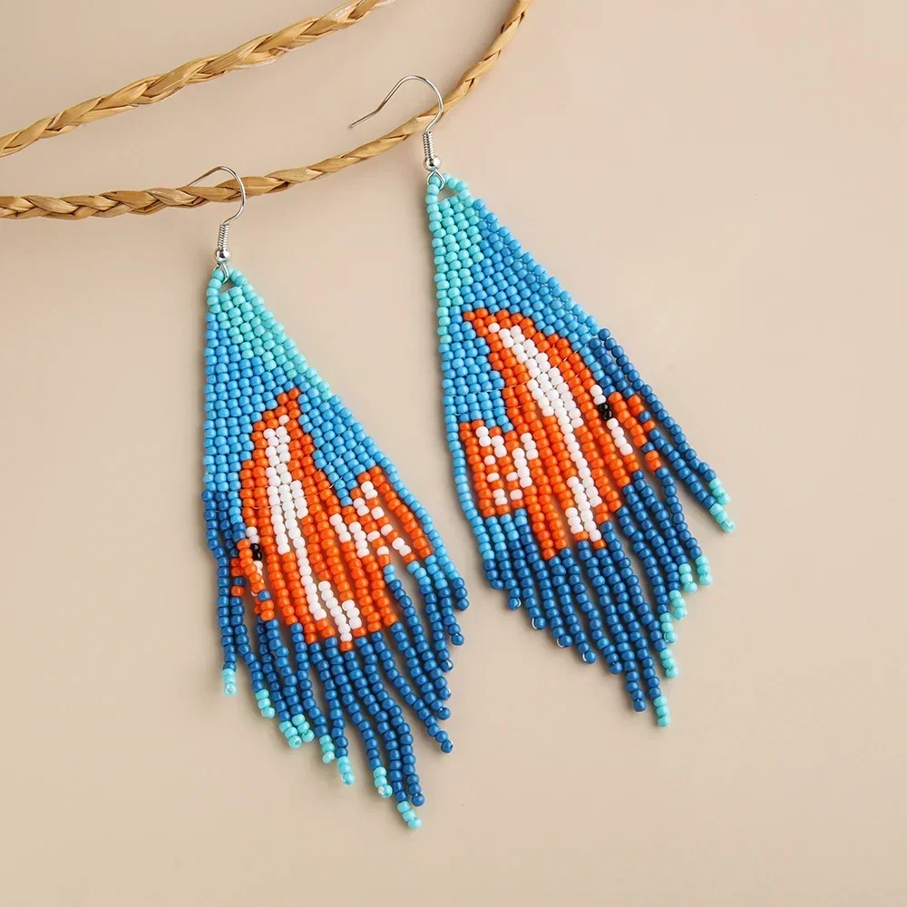 Bohemia Hand-Knitted Women's Earrings with Clownfish Sea Star Beads Geometry Tassel Unique Beaded Jewelry