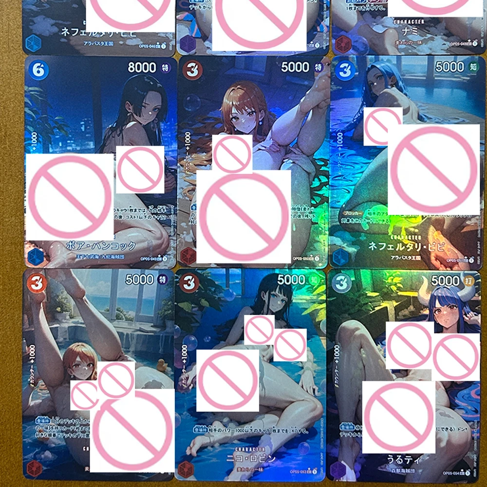 9 Pçs/set OPCG Sexy Coleção Cartão Anime Nu Nami Boa Hancock Nefertari D Vivi Robin Big Ass Peito Refrativo Cor Flash Cartões