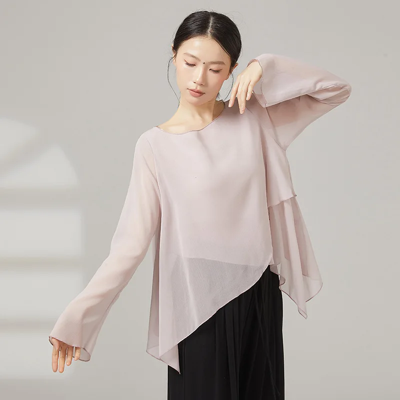 Women's Chiffon Modern Dance Top Irregular Hem Flare Sleeve Translucent Classical Dance Performance Costume Adult Practice Top