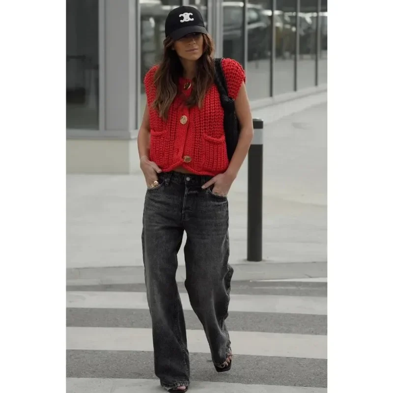 Chaleco de punto de primavera para mujer, chaleco de punto elegante a la moda para mujer, suéter informal rojo sin mangas con cuello redondo y botones de Metal