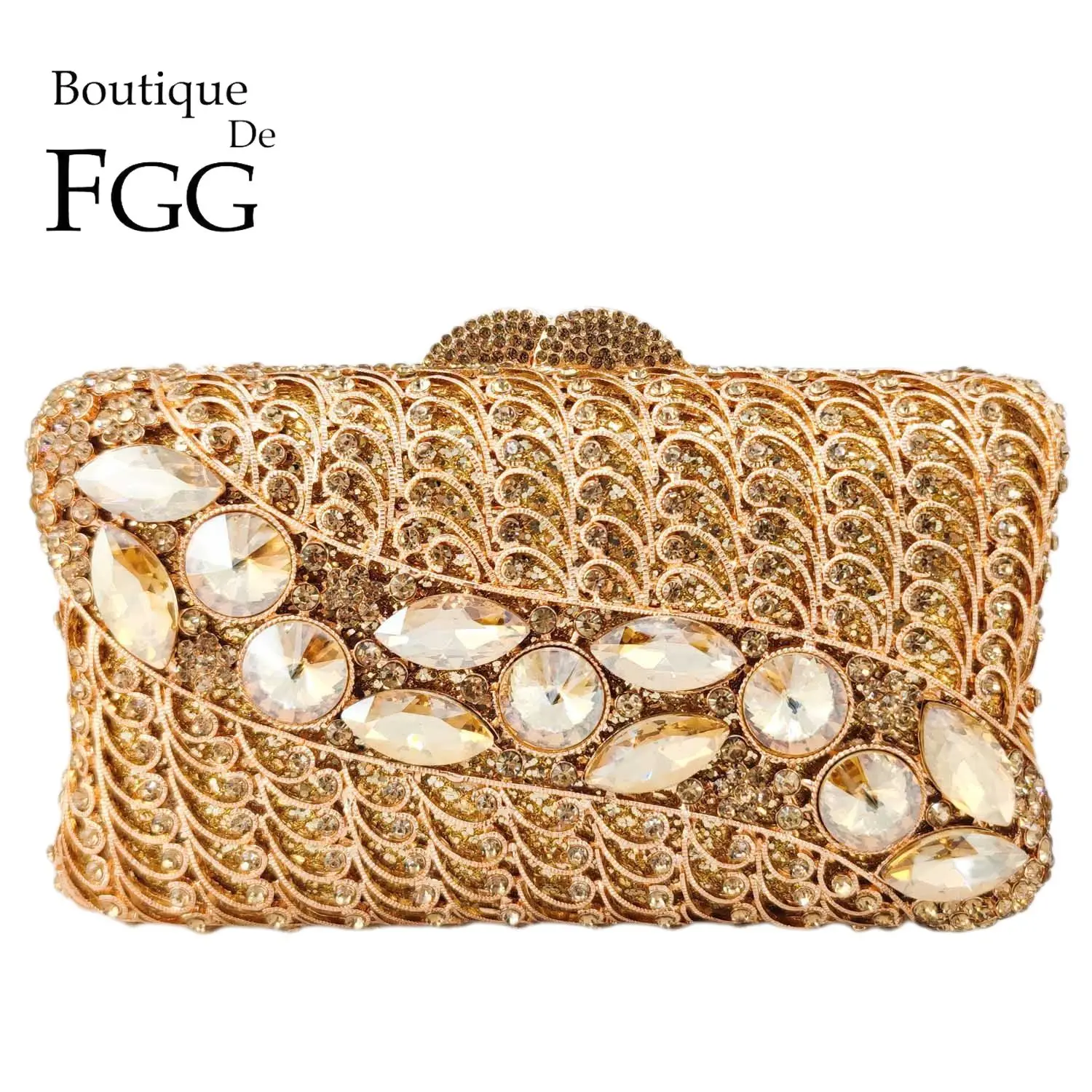 

Boutique De FGG Big Gems Women Gold Evening Bags and Clutches Party Dinner Rhinestone Handbags Bridal Wedding Clutch Purses