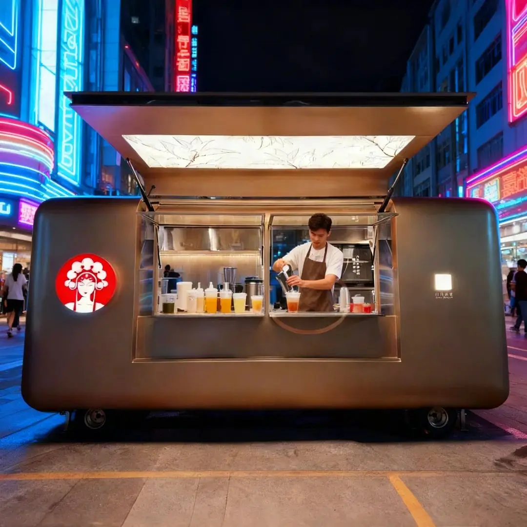 Stylish Silver-Gray Outdoor Food Trailer with Transparent Service Window And Sunshade Canopy for Catering