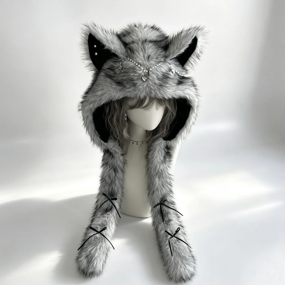 Winter Y2K Faux Fur Wolf Ear Hood Scarf Integrated Hat Pendant Decor Gothic Cosplay Headwear Women Street Party Accessory