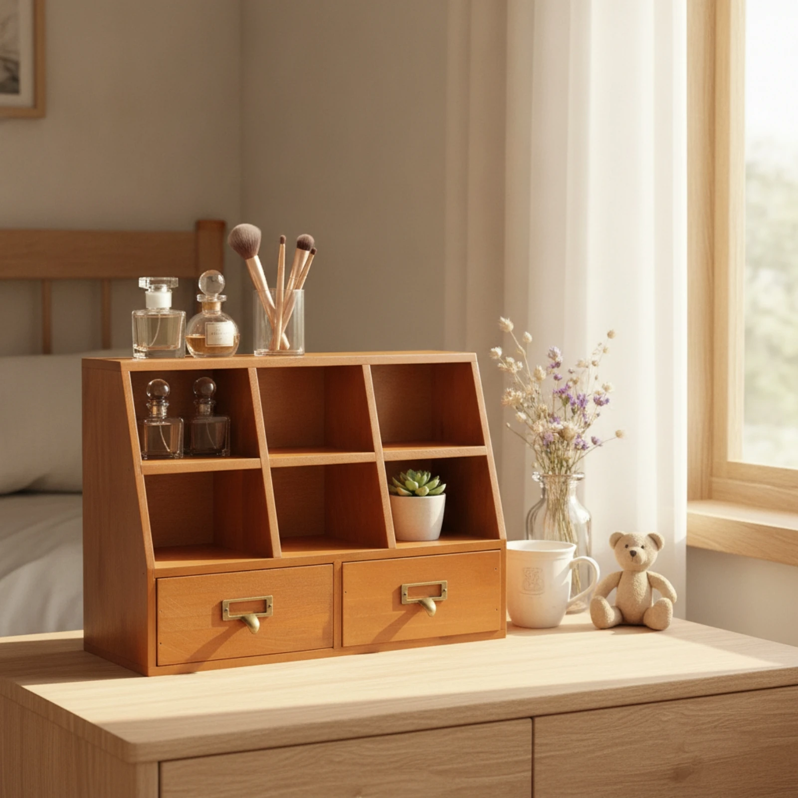Wooden Desktop Organizer with Drawers Vintage-Style Desktop Organizer with Drawers Warm Brown Retro for Vanity, Dressing Table