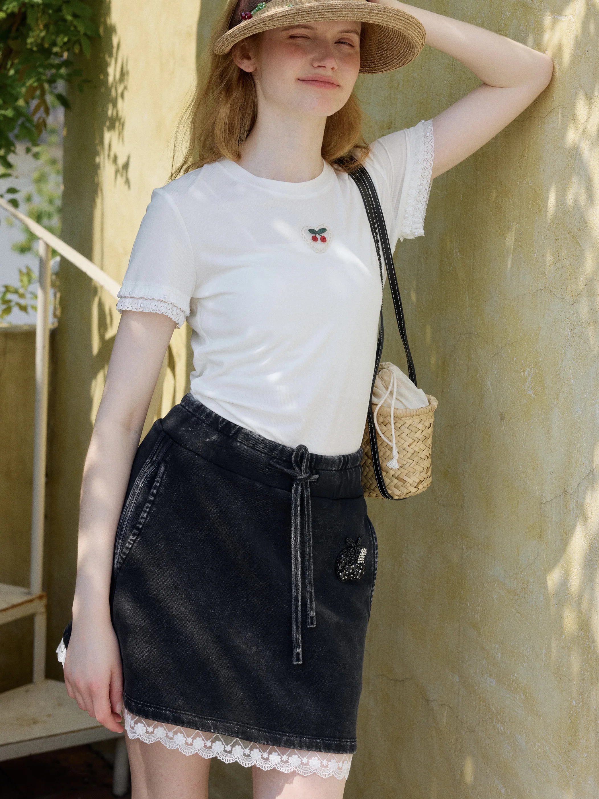 

Bla Waed 00% Cotton ort Skirt Lace Trim Elastic f-length A-line Stand Fit High Waist Pure Color Summer Faion