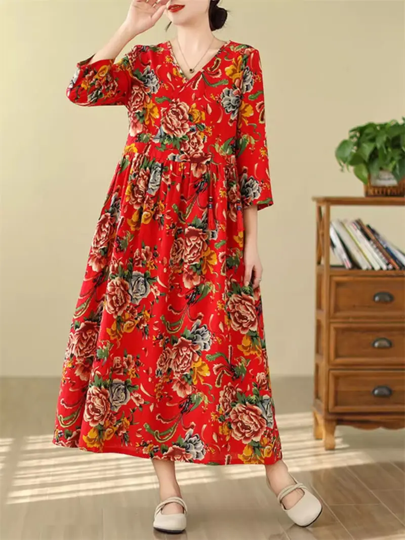 

Cotton And Linen Northeast Large Flower Dress Women's Summer Retro Chinese Style Printed Temperament Dress Trend Robe K166