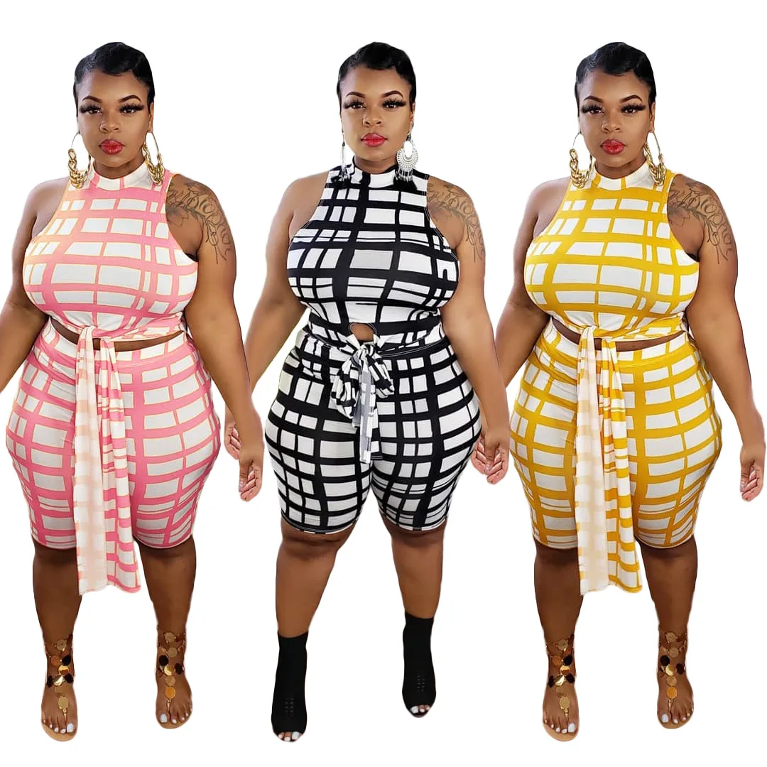 XL-5XL plus size 2 piece set women clothing summer fashion casual Plaid printing sleeveless shorts set Wholesale dropshopping