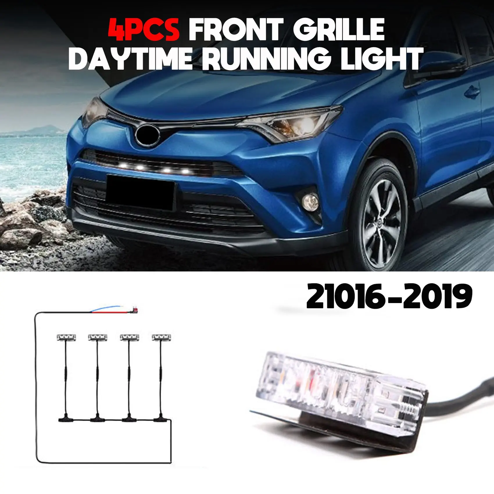 4PCS Car Front Grille LED Lights, for Toyota RAV4 2016 2017 2018 2019 DRL External Grille Driving Lamps, White