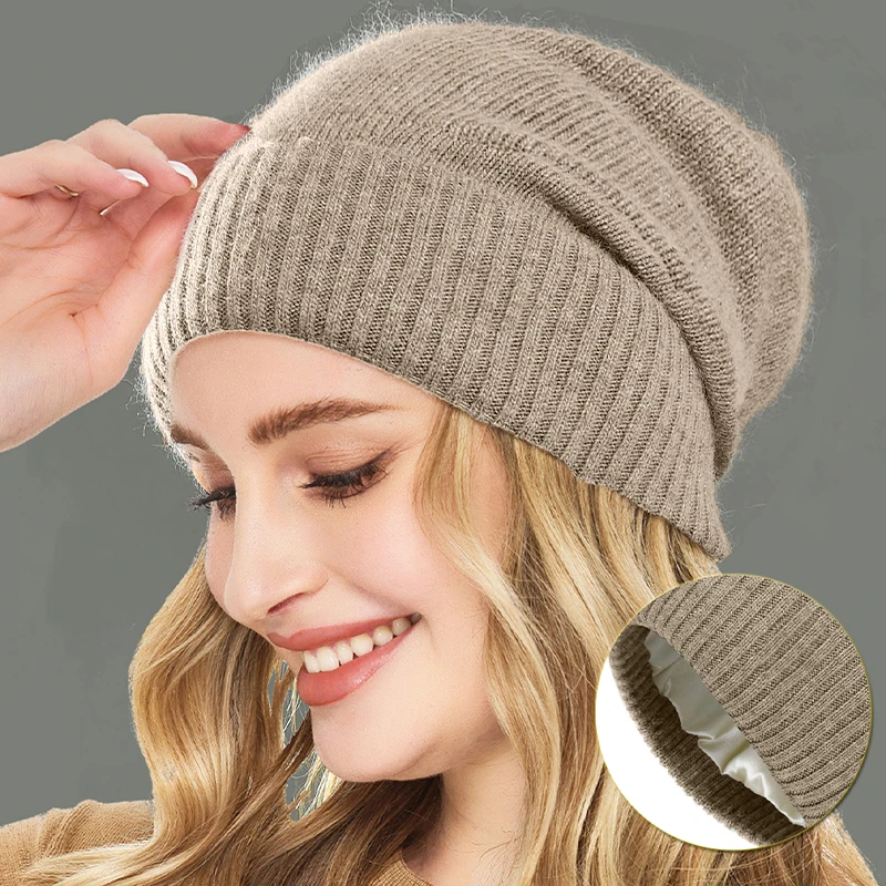 

Women Cashmere Beanies Hat Winter Autumn Stain Lined 2 Layer Thick Knitted Wool Skullies Cap Solid Slouchy Bonnet Men