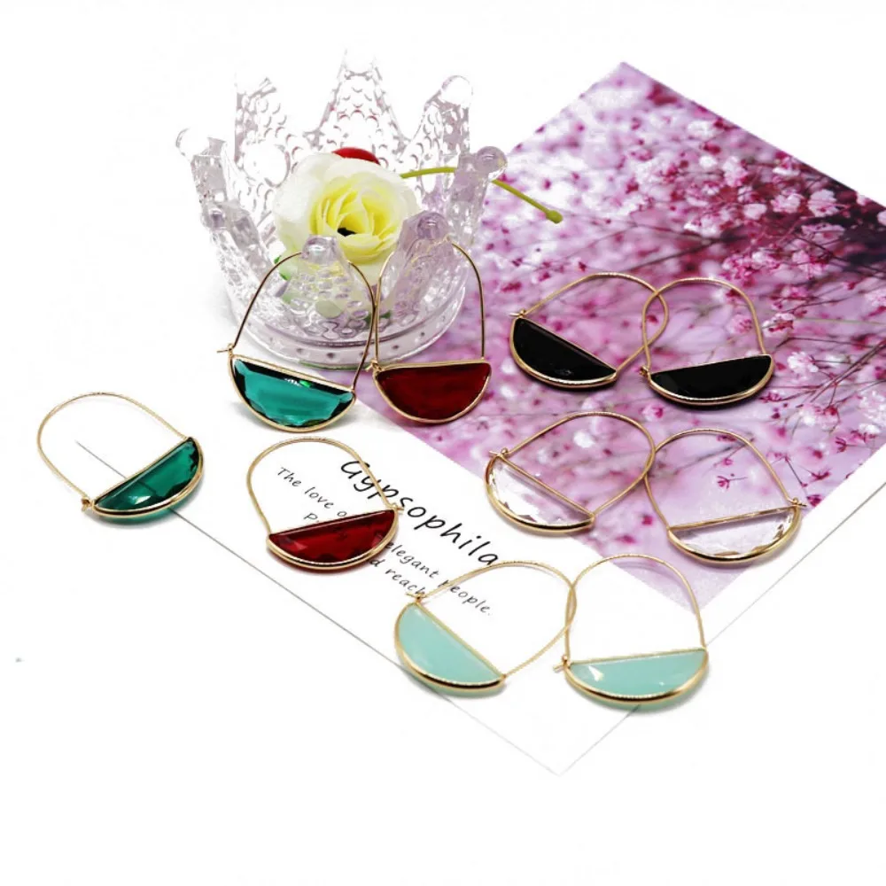 Vintage Glass Semi Circle Earrings Multicolor Half Round Earrings Transparent Crystal Earrings Gold Plated Geometric Earrings